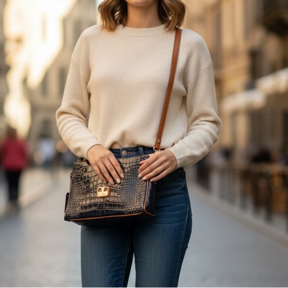 Classic Valentina Leather Croc-Textured Crossbody Bag in Black and Brown, new, - Picture 1 of 10